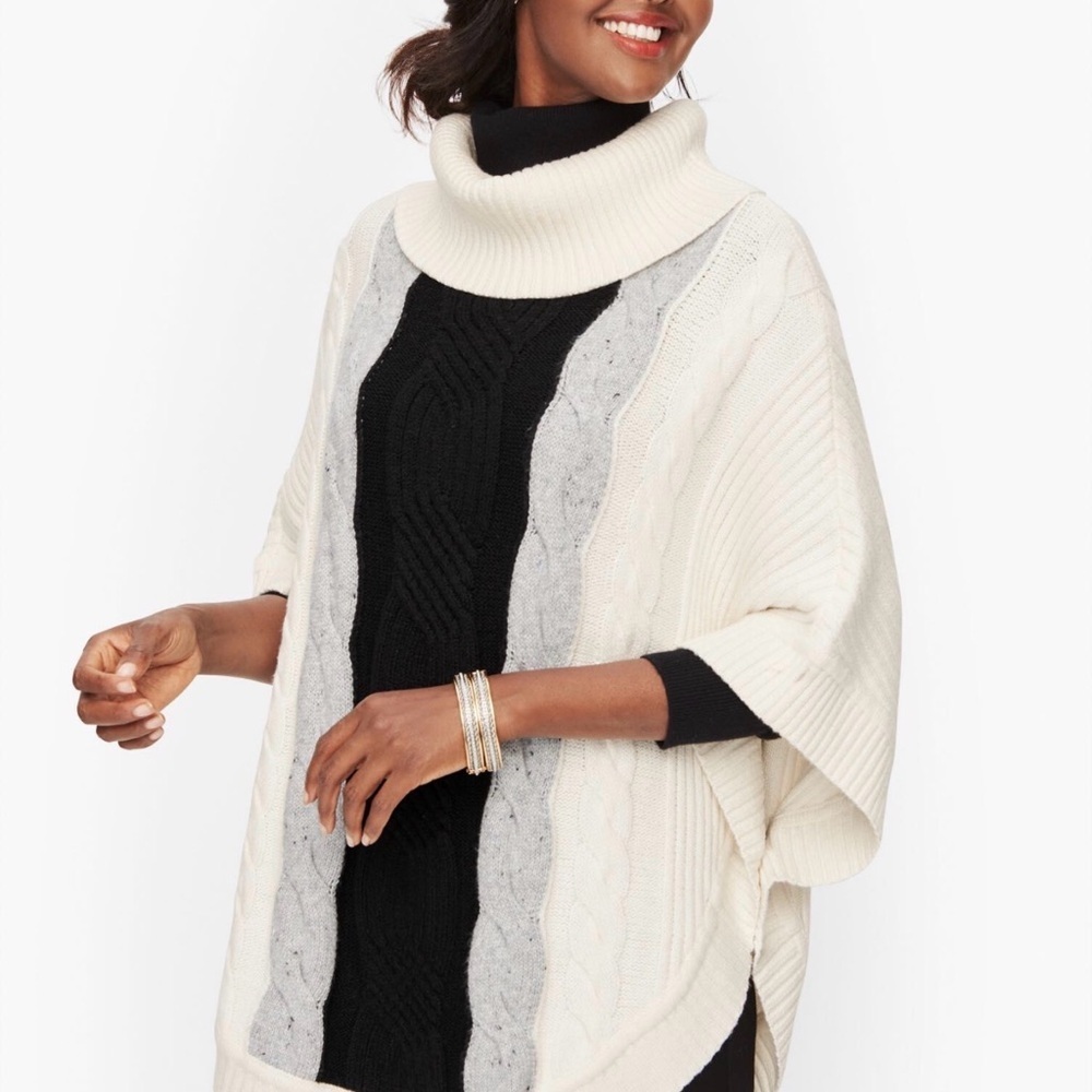 Talbots Chunky Knit Cowl Neck Poncho Sweater Size Small Cream Black Gray